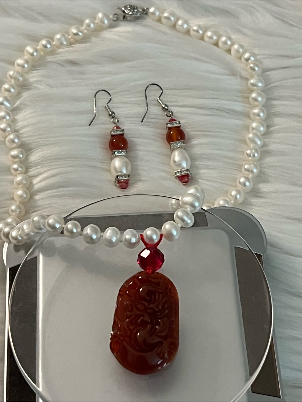 Fresh WatPearl Necklace & Carnelian Pendant Set with Red Accents - Women Jewelry